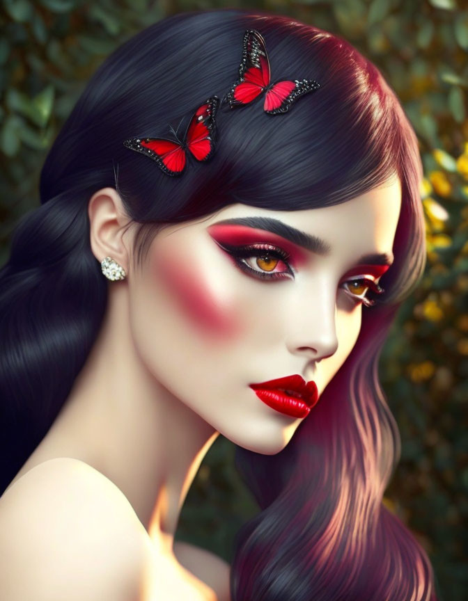 Digital artwork featuring woman with red makeup and butterflies in hair against green foliage.