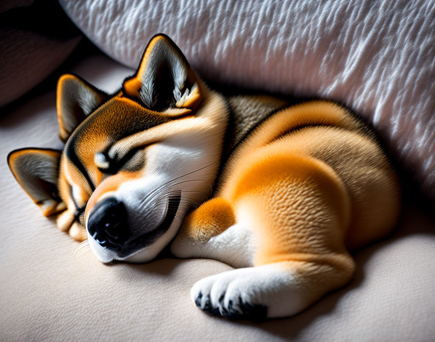 Fluffy Shiba Inu dog peacefully sleeping on beige surface