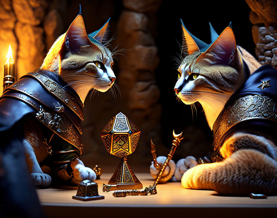 Anthropomorphic cats in medieval armor at candlelit table with magical artifact and chess pieces