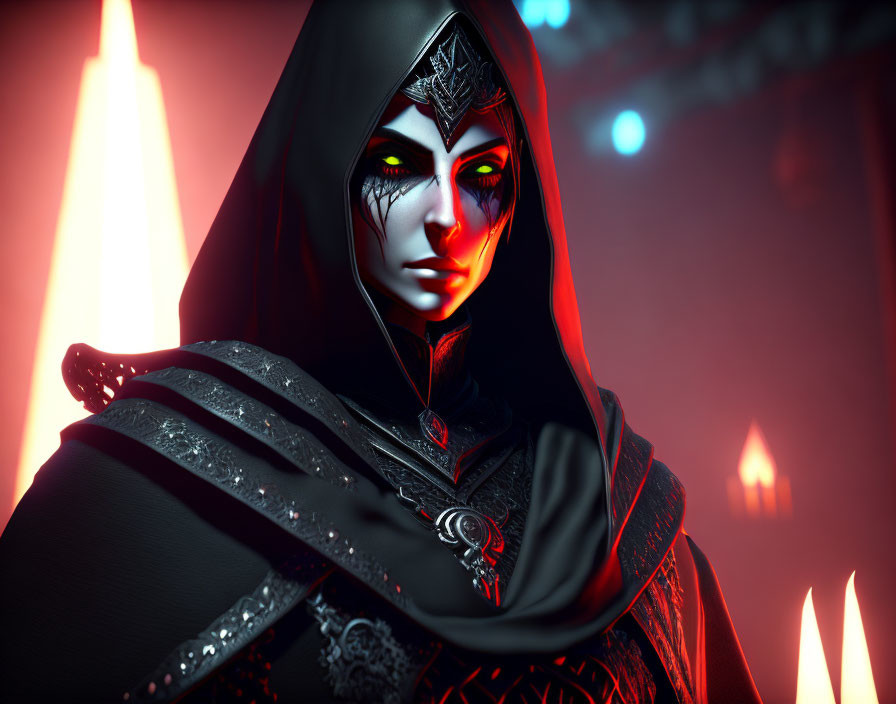 Mysterious Figure with Green Eyes and Pale Skin in Dark Cloak