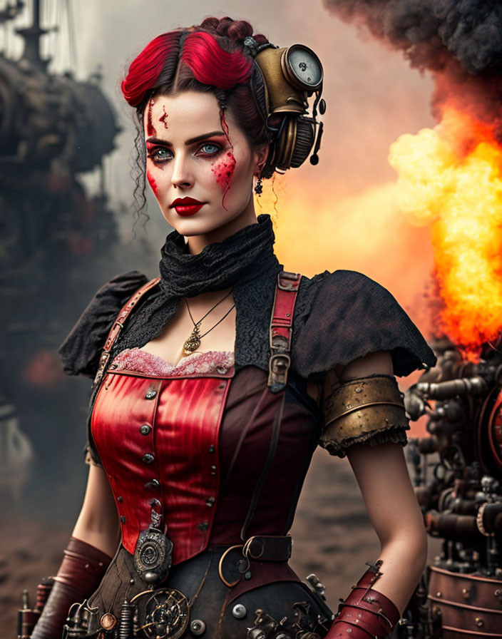 Steampunk-themed woman with headphones, red corset, and goggles in fiery background