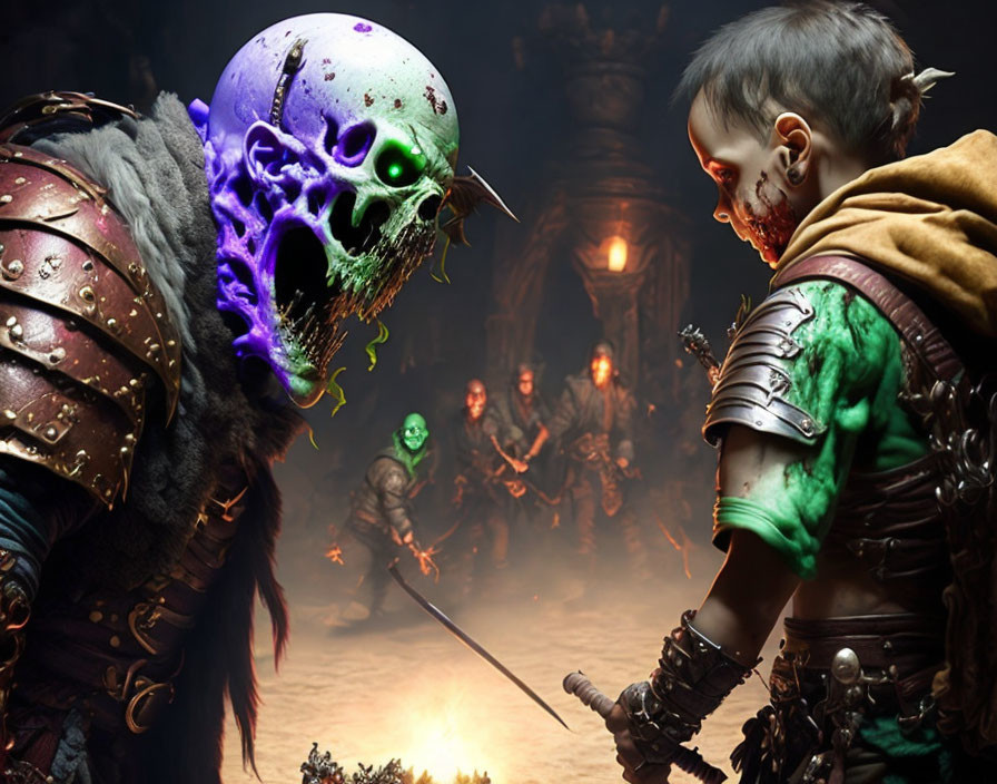 Child warrior confronts spectral skull figure in armor with eerie warriors in background