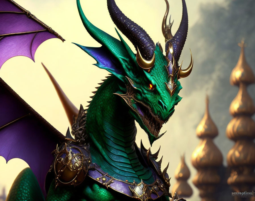 Colorful dragon with golden horns and armored scales in a fantasy setting