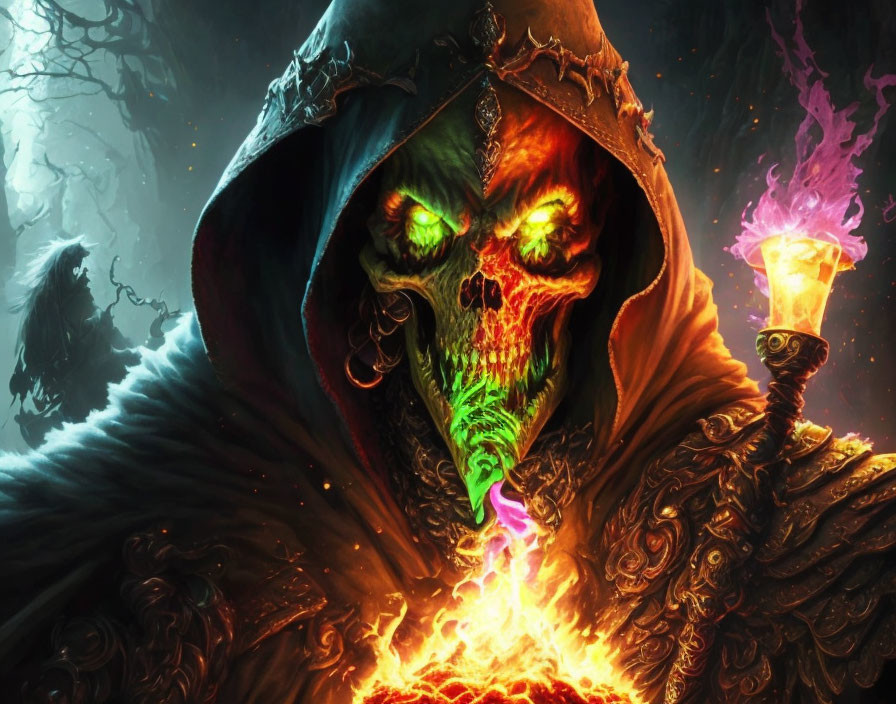 Hooded figure with glowing green skull and staff with purple energy