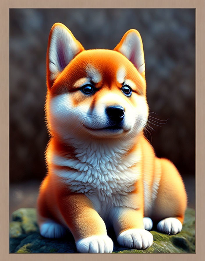 Fluffy orange Shiba Inu puppy sitting on a rock