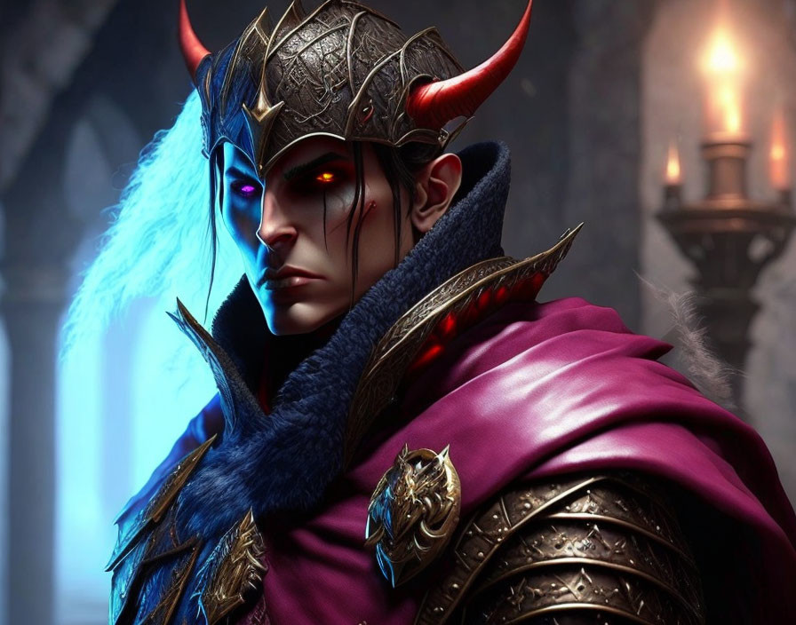 Digital Artwork: Character with Red Horns, Glowing Eyes, Blue Hair, Dark Helmet,