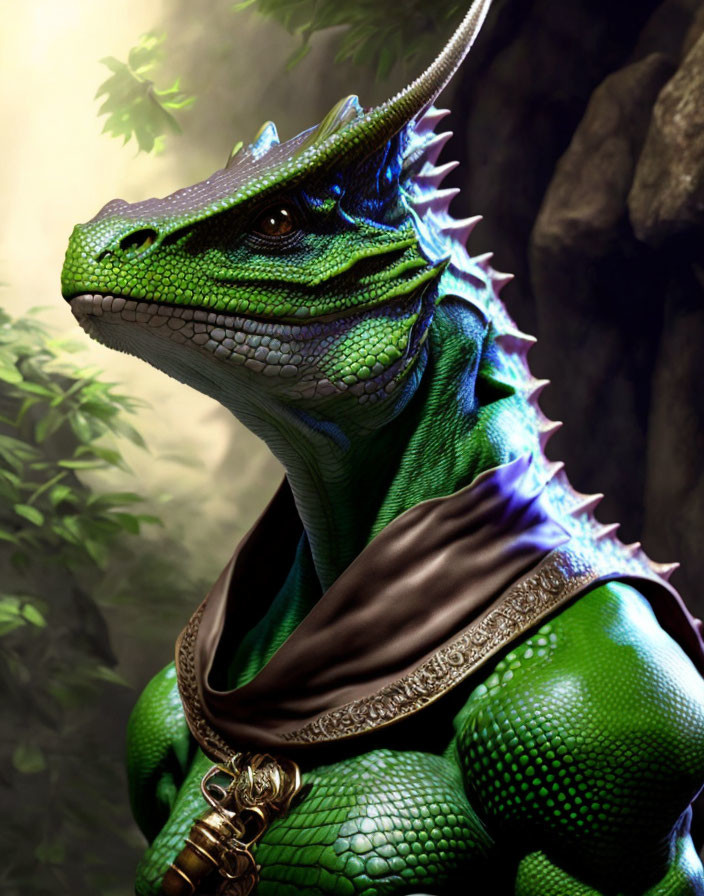 Detailed Illustration: Humanoid Lizard Creature with Green Scales & Regal Brown Cloak