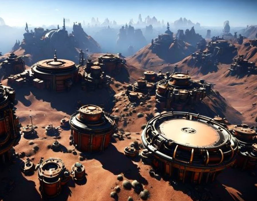 Futuristic settlement with domed structures on rocky desert terrain