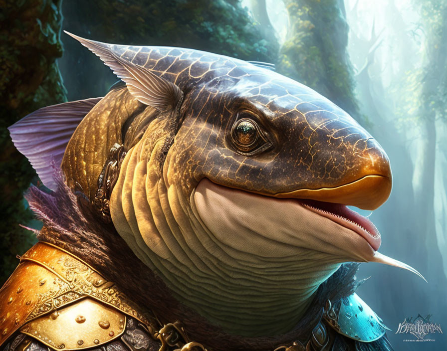 Fantastical armored fish-like creature in mystical forest setting