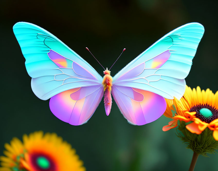 Colorful Butterfly on Orange Flowers Against Dark Background