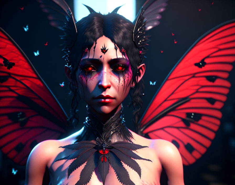 Fantasy character with butterfly wings and dark makeup in moody setting