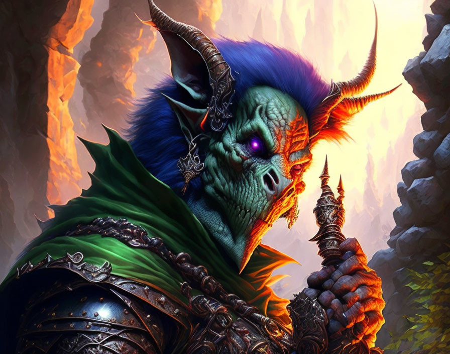 Fantasy character with green skin, horns, blue hair, purple eyes, armor, and spiked m