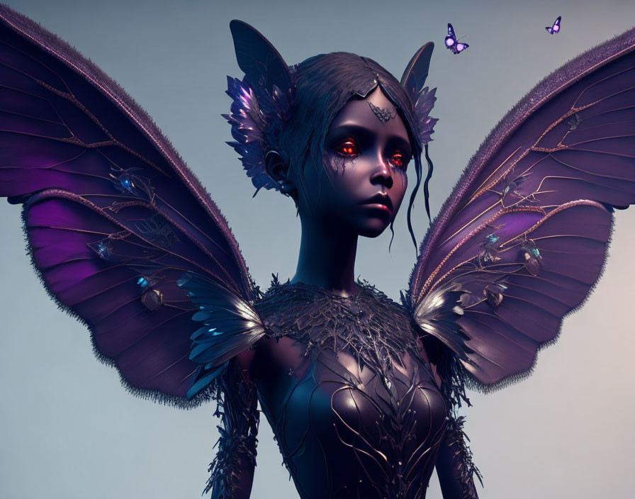 Fantastical being with purple wings, elfin ears, red eyes, and butterflies in moody