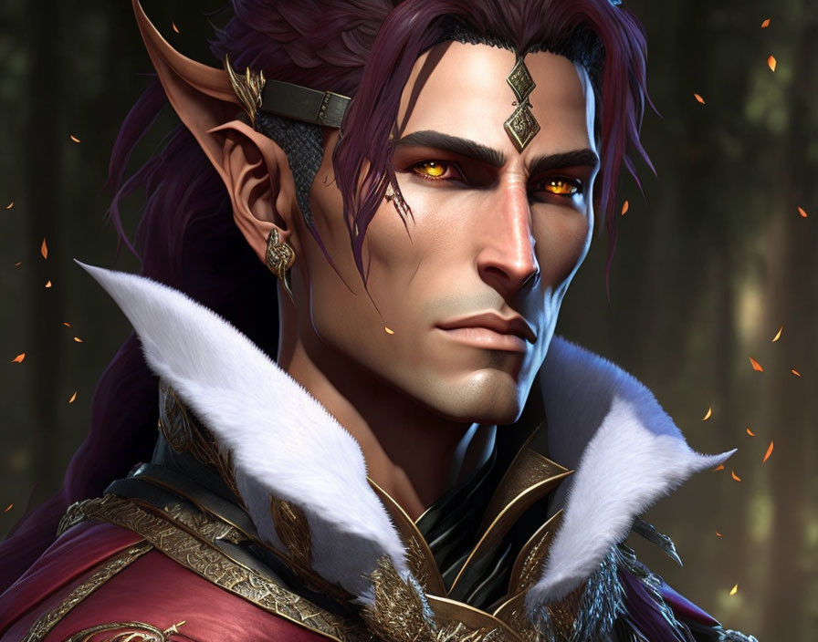 Purple-skinned elven male portrait with gold jewelry and fur cloak in forest setting