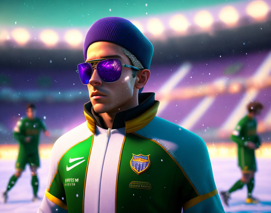 Stylized 3D-rendered character with purple sunglasses and beanie, with blurred soccer players