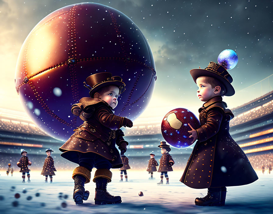 Vintage Attire Children Holding Floating Orb and Ball in Arena