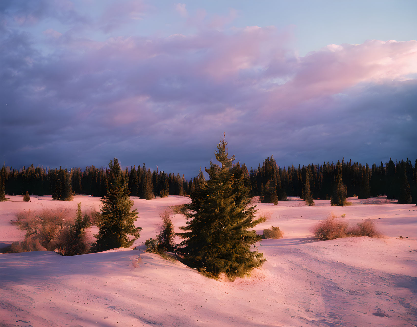 Winter sunset scene with snow-covered landscape and dramatic clouds.