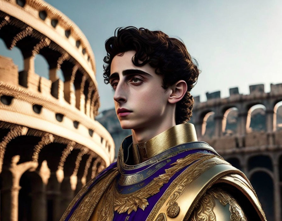 Young person in ancient Roman attire with Colosseum backdrop.