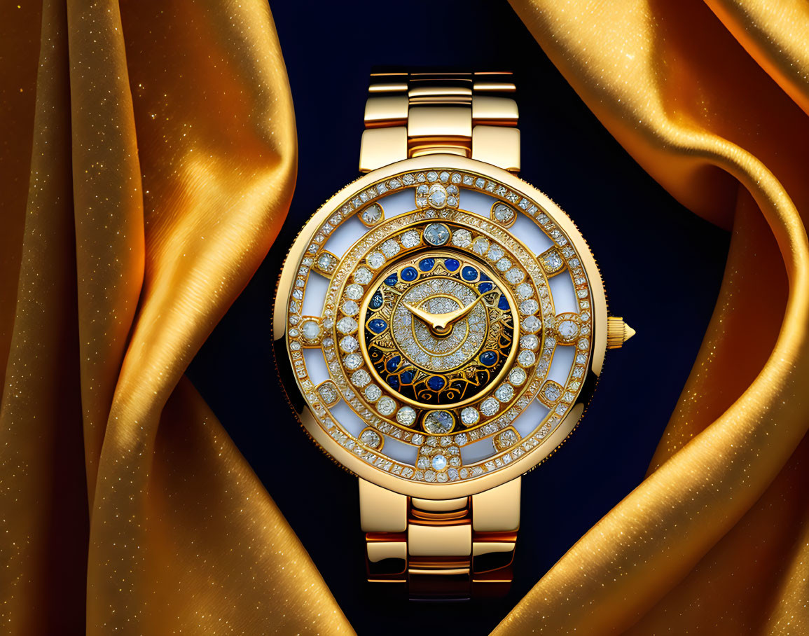 Luxurious Diamond-Encrusted Golden Wristwatch with Blue and Gold Details