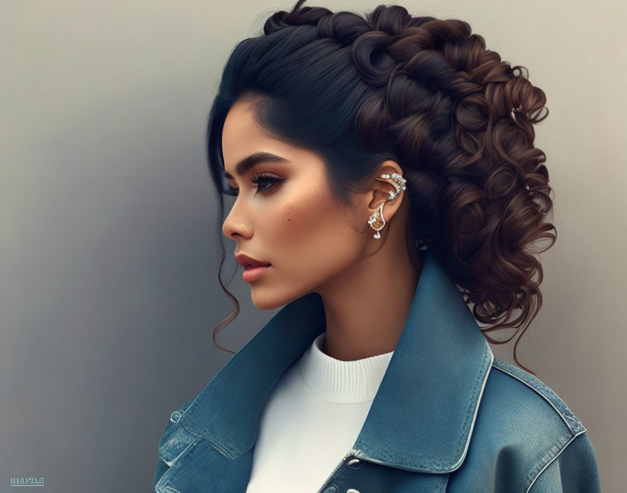 Woman with Curly Brown Hair in Denim Jacket and Ear Cuff