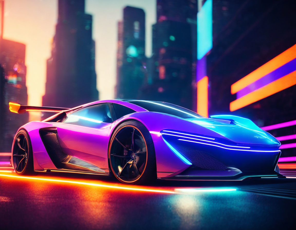 Futuristic purple sports car on city street at dusk