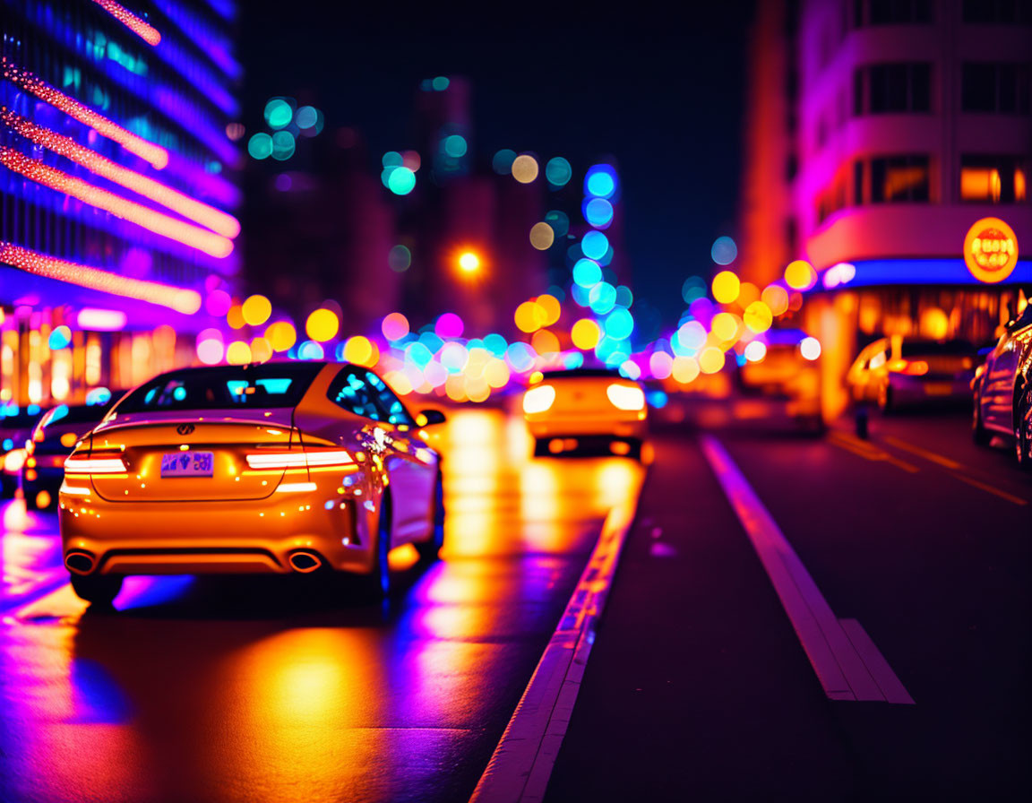 Luxury Car Night Drive Urban Street Neon Lights Blurred Cityscape