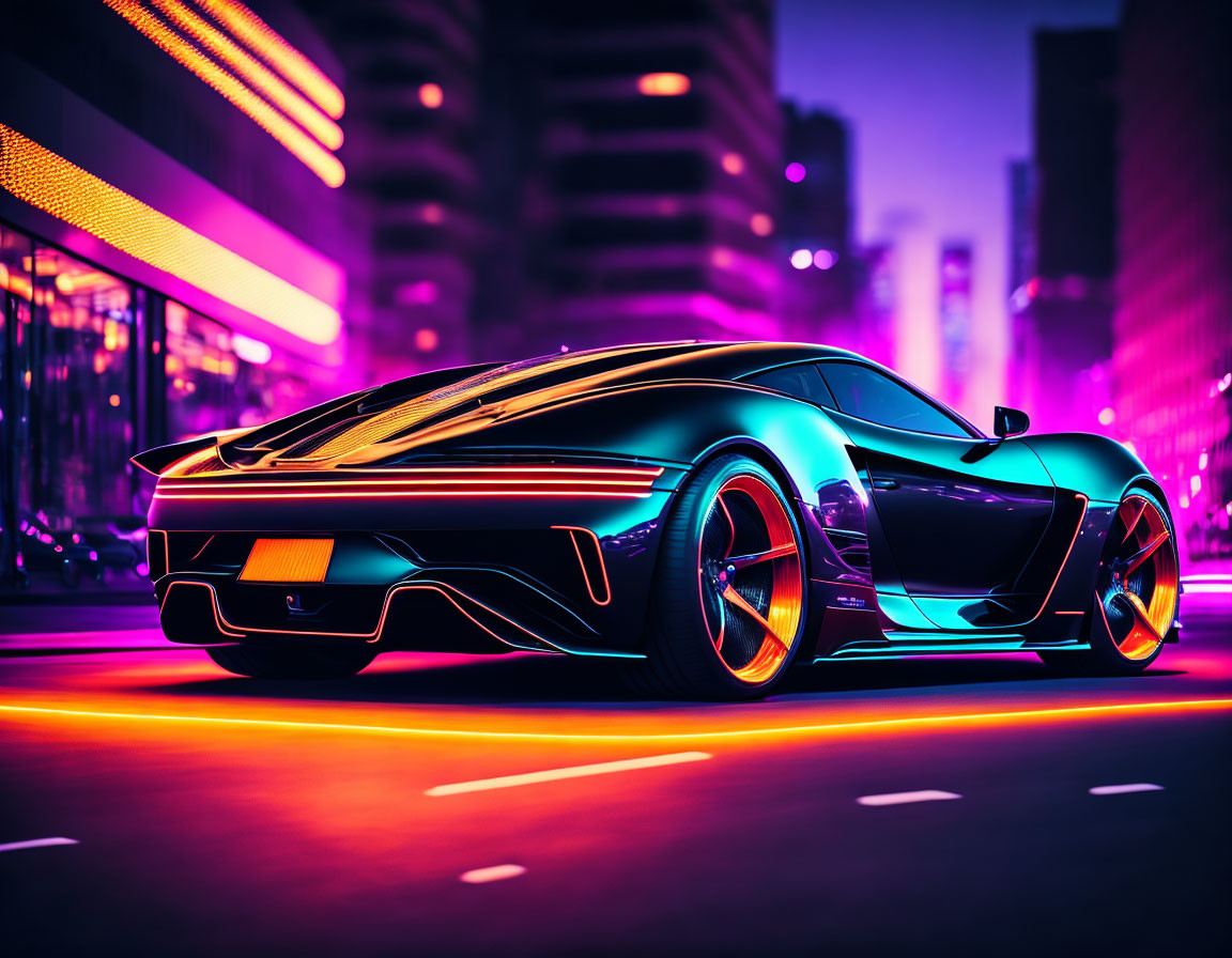 Futuristic sports car with neon lights in a city at dusk