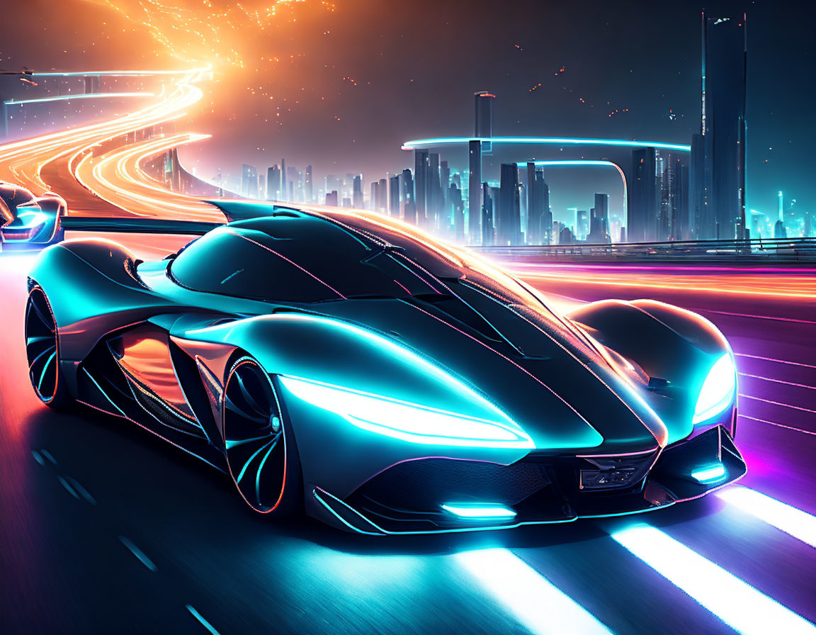 Glowing blue futuristic car speeds on neon-lit city highway