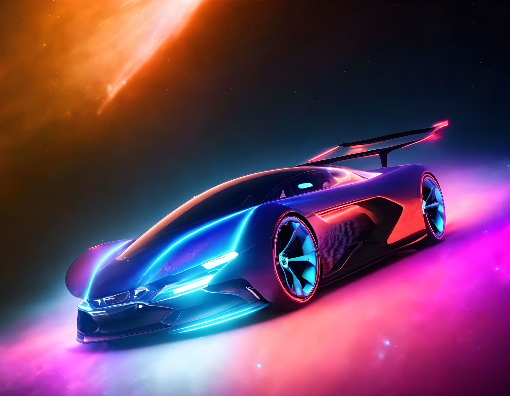 Futuristic car with neon blue highlights on cosmic sky backdrop