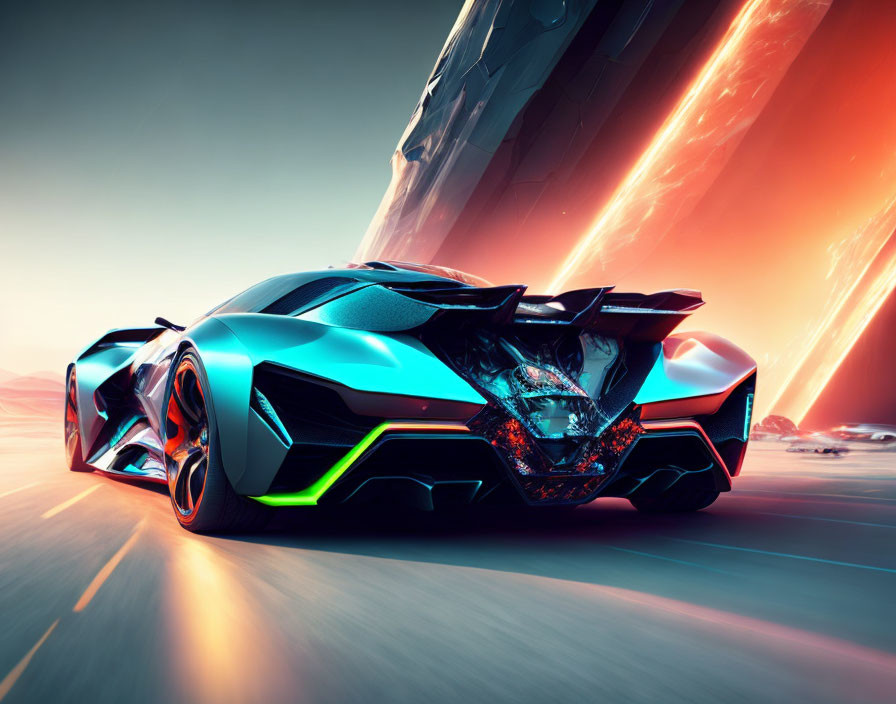 Futuristic car with sleek design and neon accents on dynamic road.