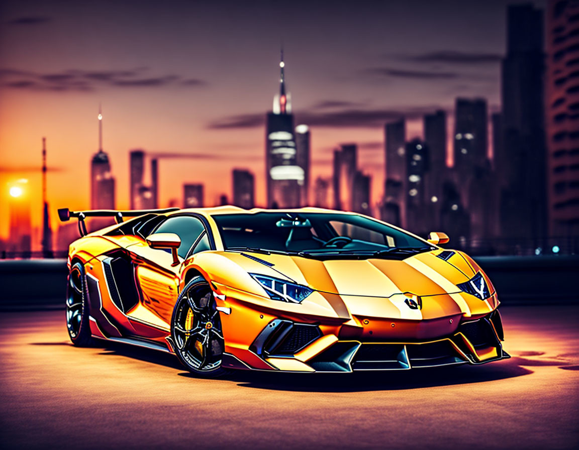 Vibrant Lamborghini Aventador with city skyline at sunset