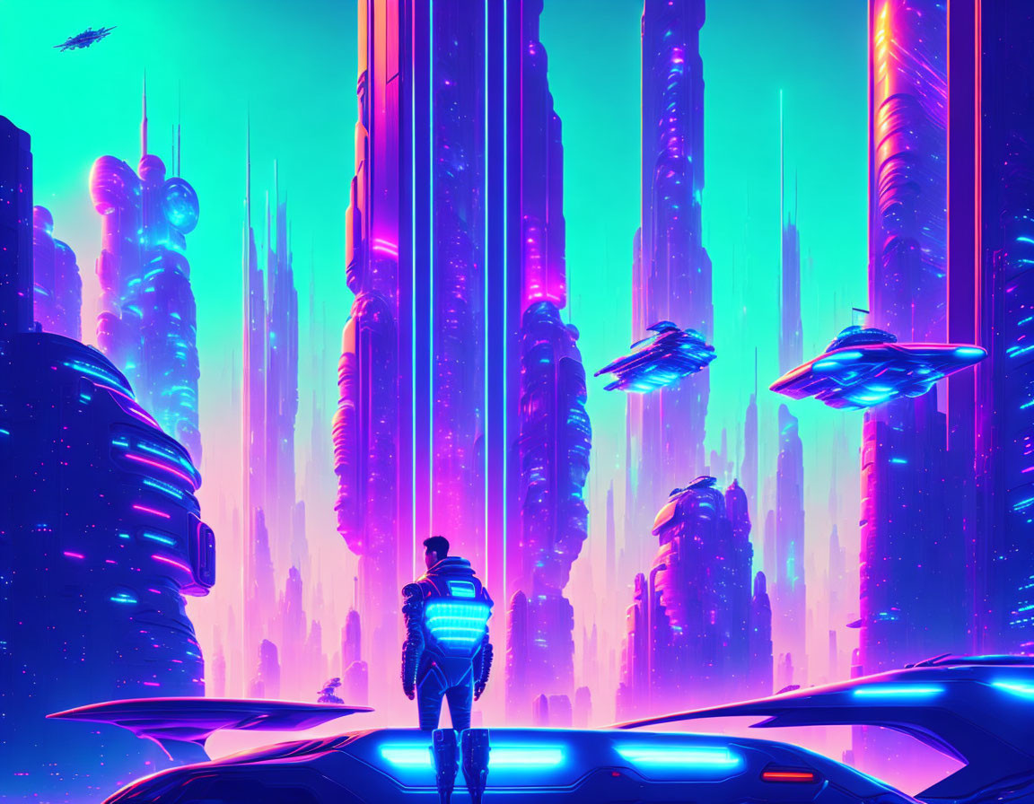 Neon-lit futuristic cityscape with flying vehicles and figure in spacesuit