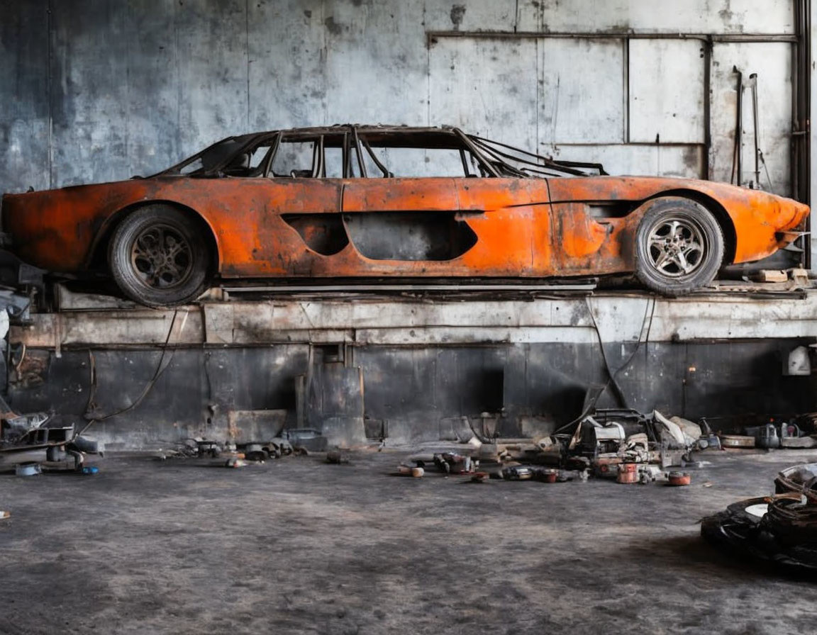 Rusted orange car with missing parts in dilapidated garage