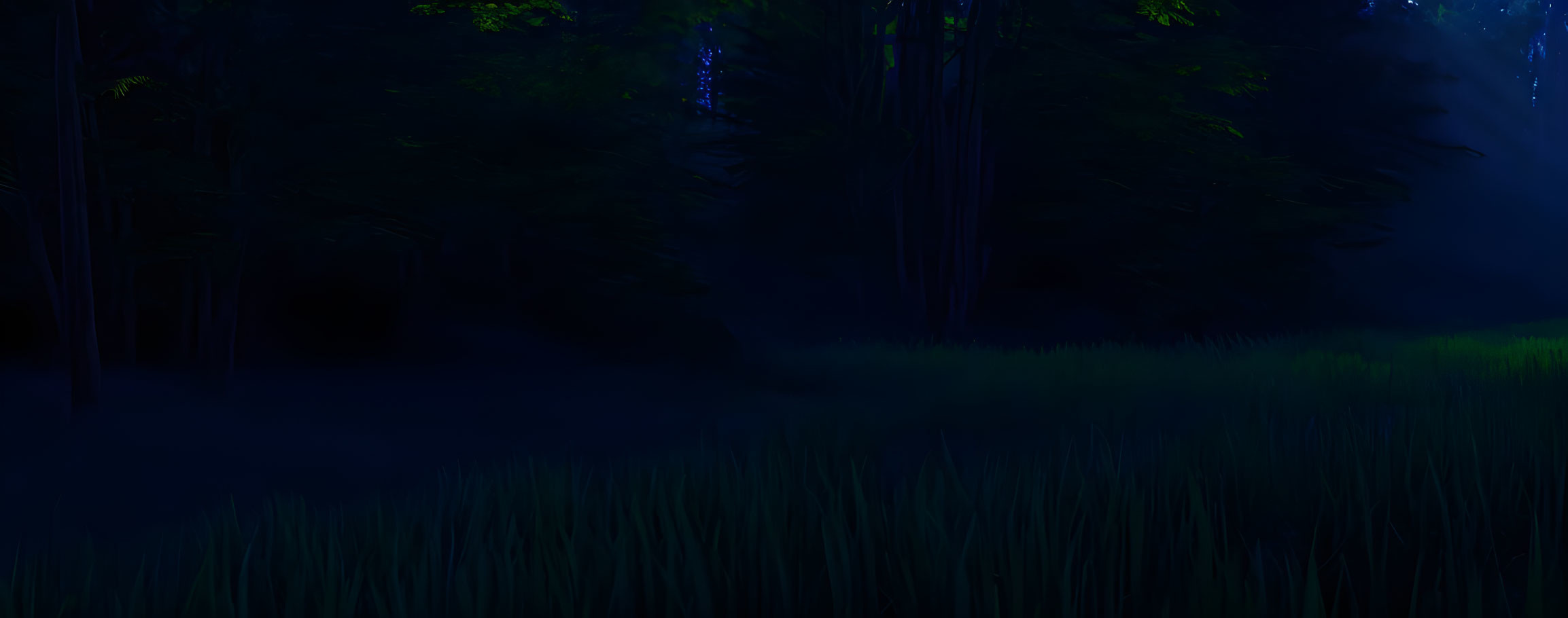 Dark forest at night with tall trees, dense underbrush, and glowing blue lights