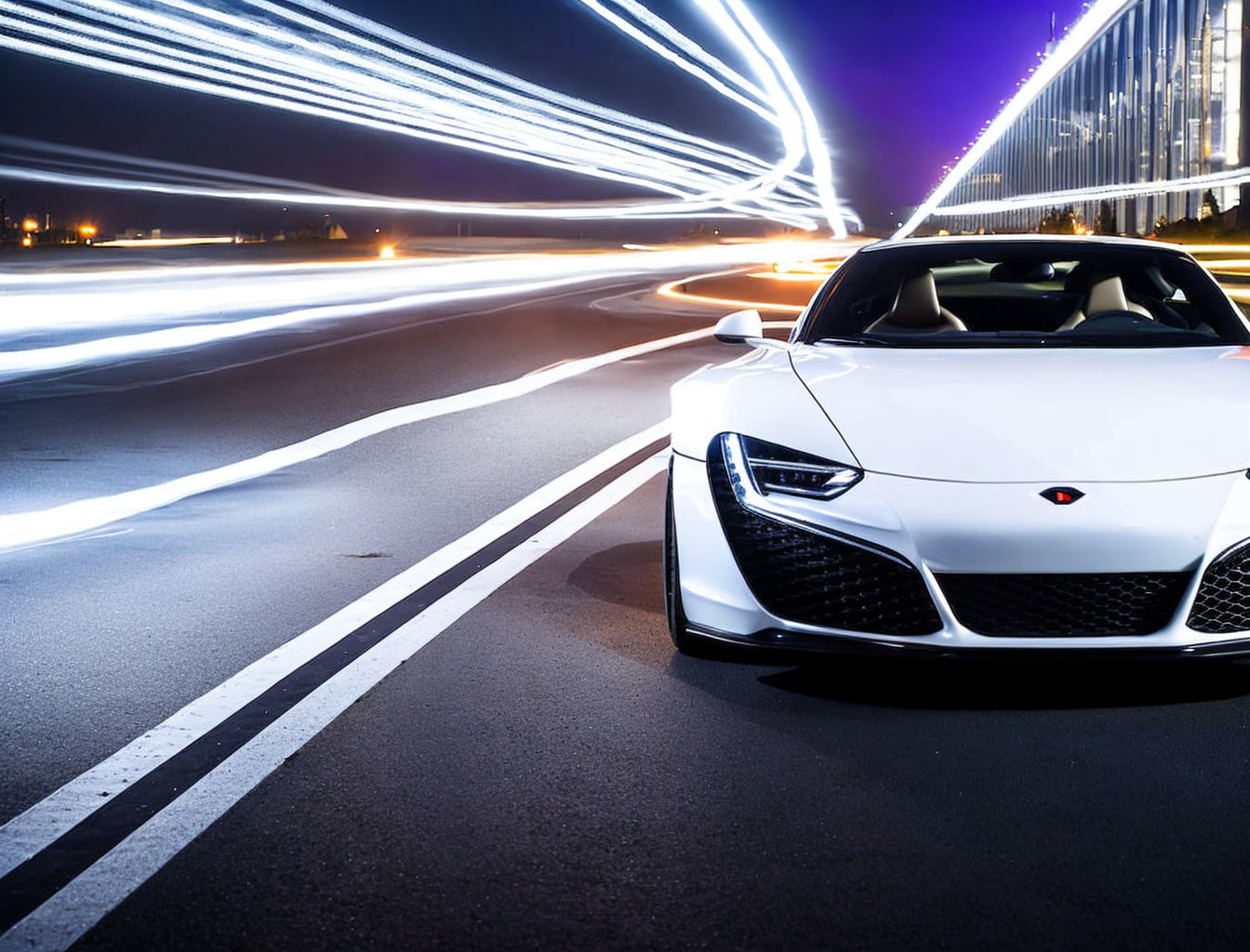 White Sports Car Parked on Road with Light Trails at Night