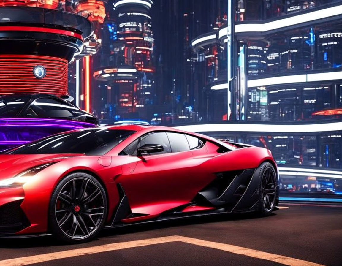 Red sports car in futuristic city street with neon lights and skyscrapers at night