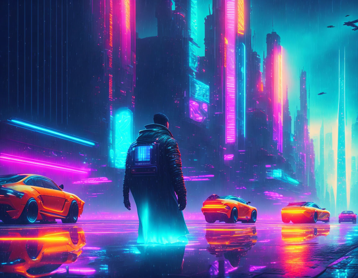 Futuristic city with neon lights, flying cars, and rainy nightscape