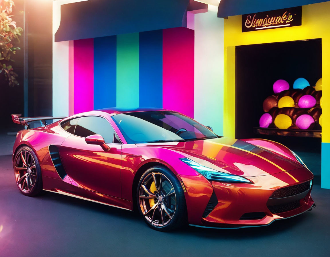 Shiny red sports car with yellow rims against colorful neon backdrop