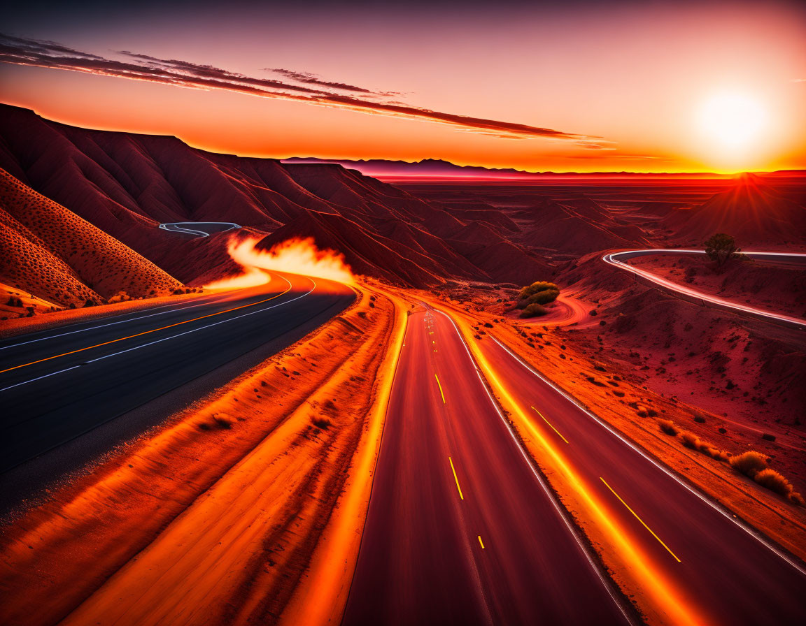 Sunset desert hills: Winding road under warm sun glow