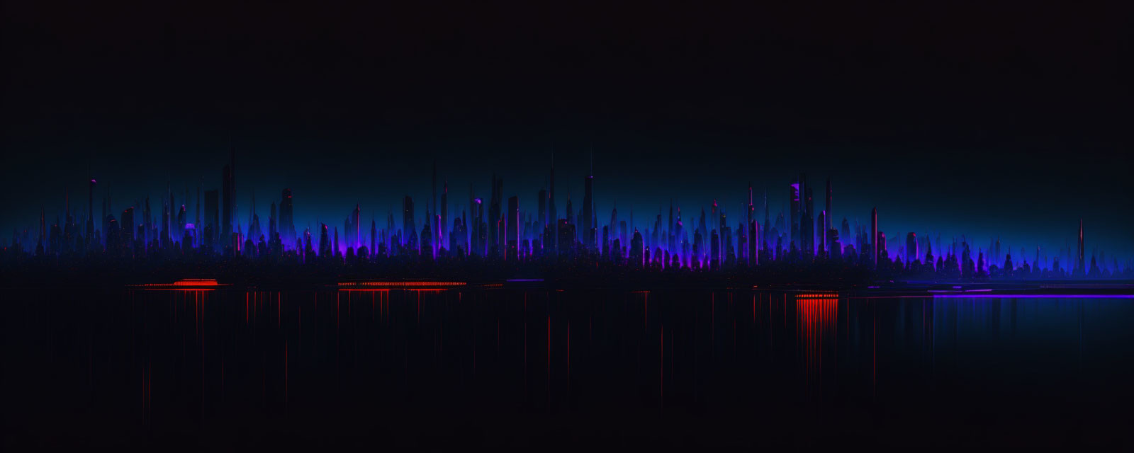 Futuristic night city skyline with neon lights reflecting on water