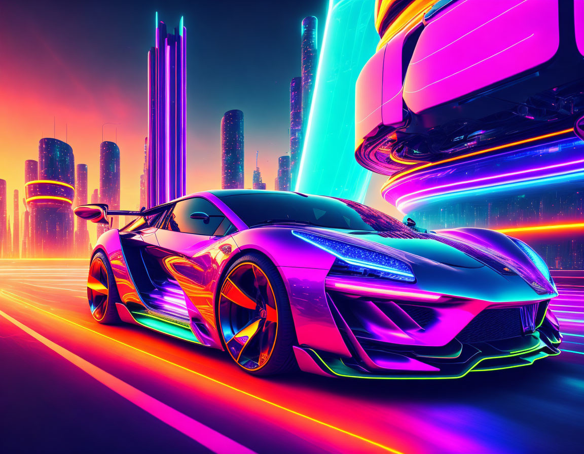 Futuristic neon-lit cityscape with holographic sports car under vibrant sky