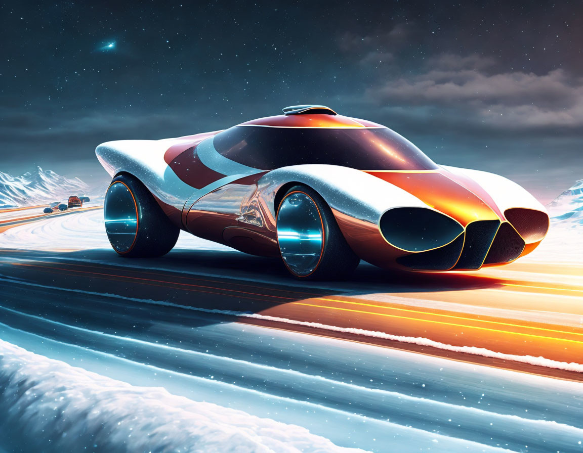 Futuristic car racing on neon-lit track with snowy mountains backdrop