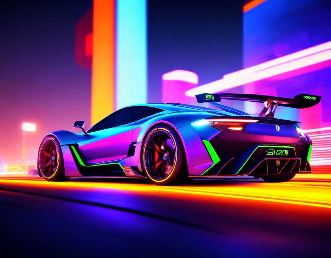 Vibrant neon-lit sports car speeds through city at night