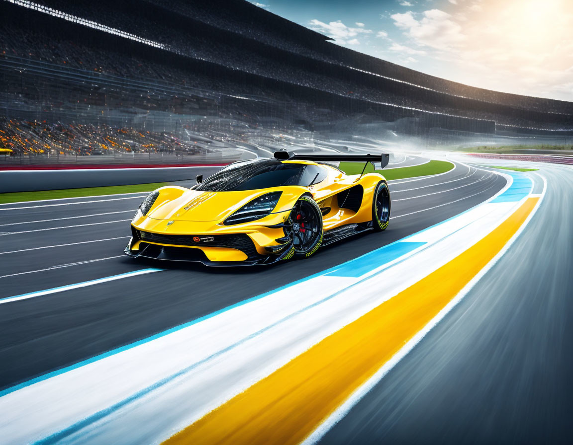 Yellow Sports Car Racing on Track with Motion Blur