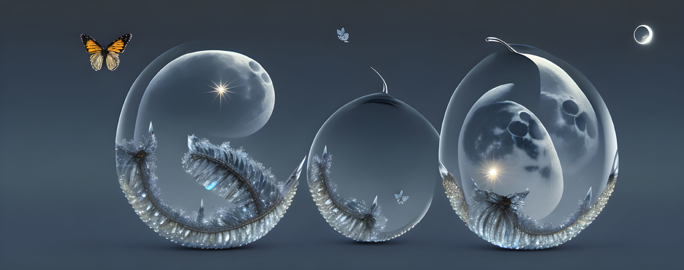 Surreal spheres with liquid and butterfly motifs on dark blue gradient