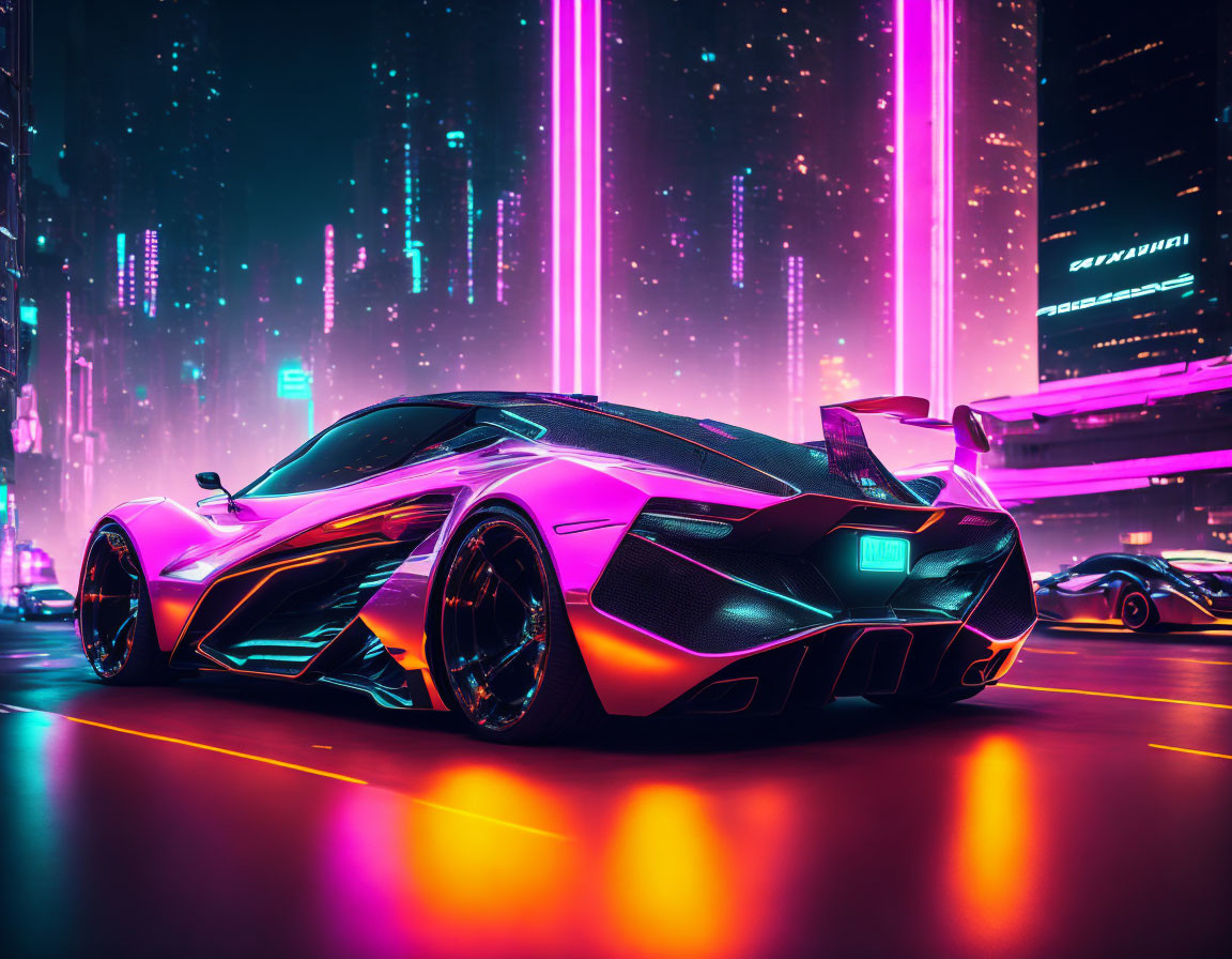 Futuristic sports car with glowing accents in neon-lit city street