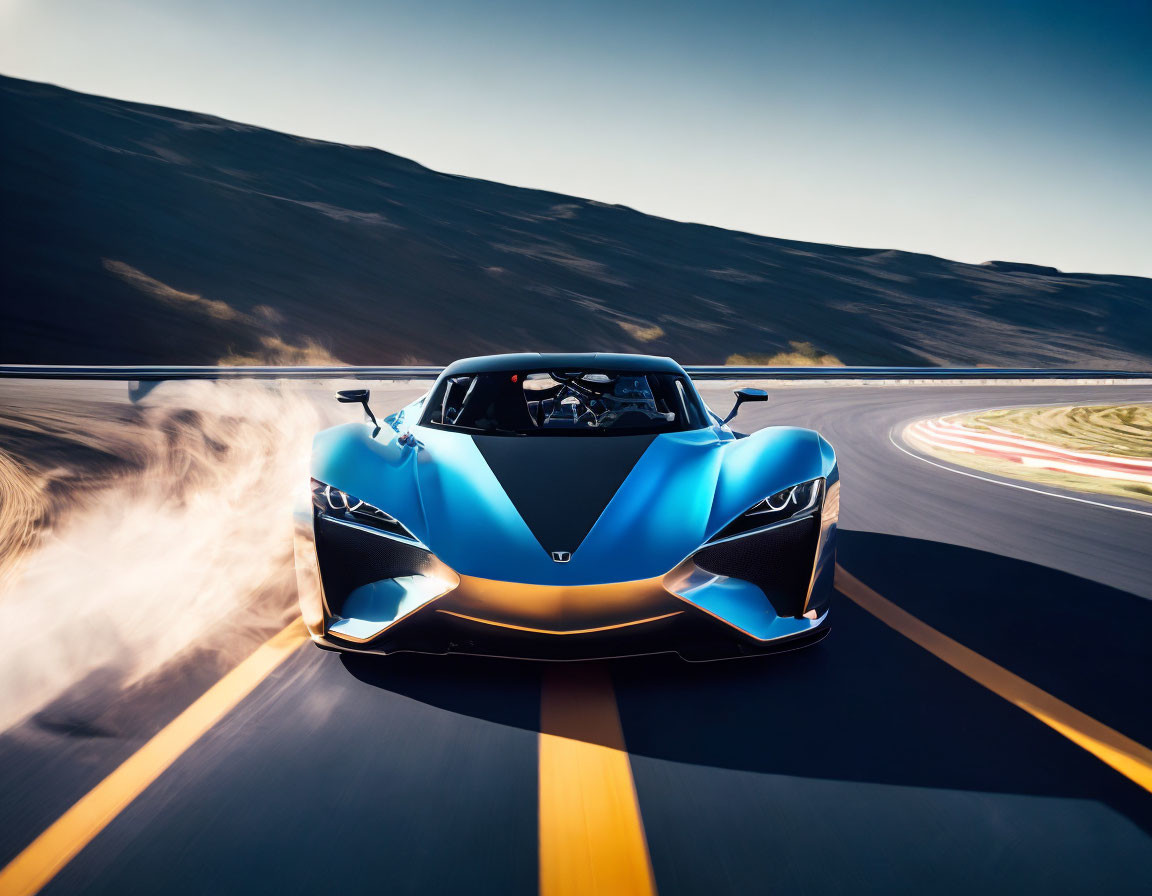 Blue sports car with gold accents racing on track under clear sky.