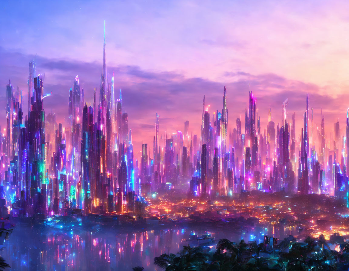 Futuristic cityscape digital artwork with neon-lit skyscrapers at twilight