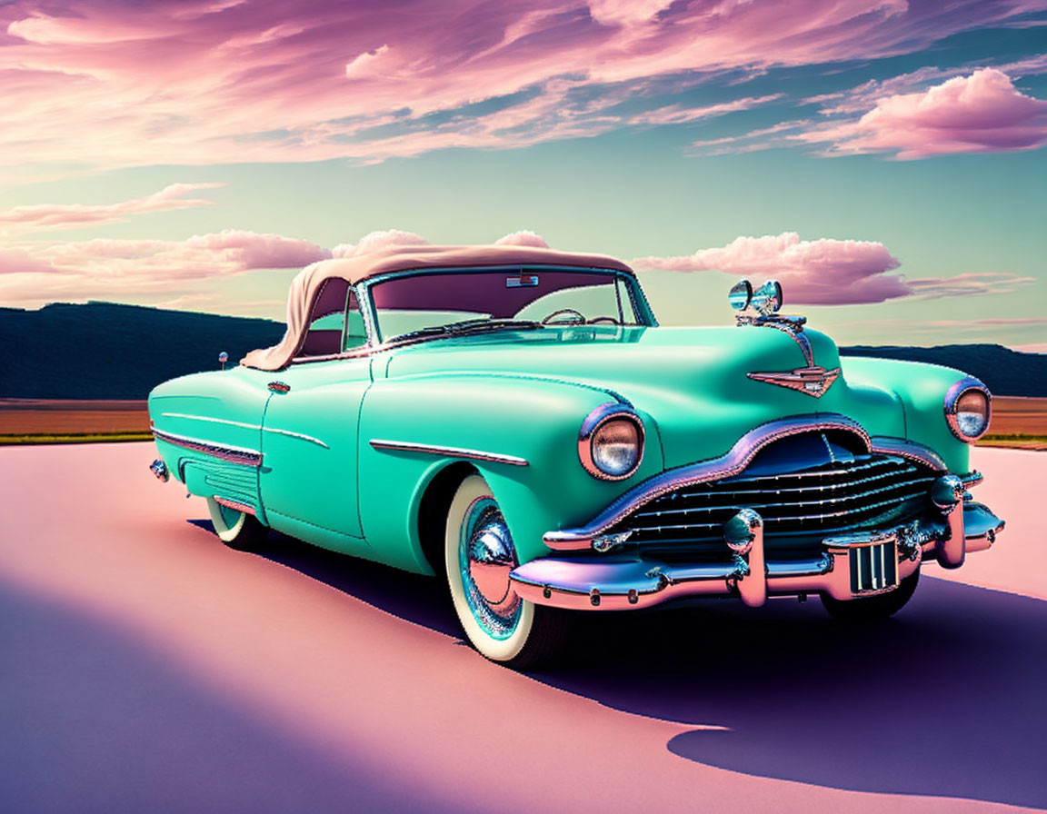 Classic Turquoise Convertible Car Against Pastel Sunset Sky