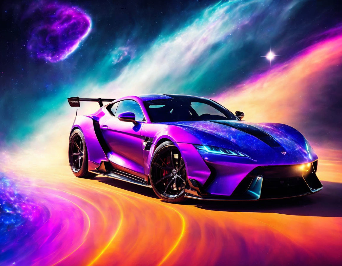 Shimmering purple and blue sports car against cosmic nebula background